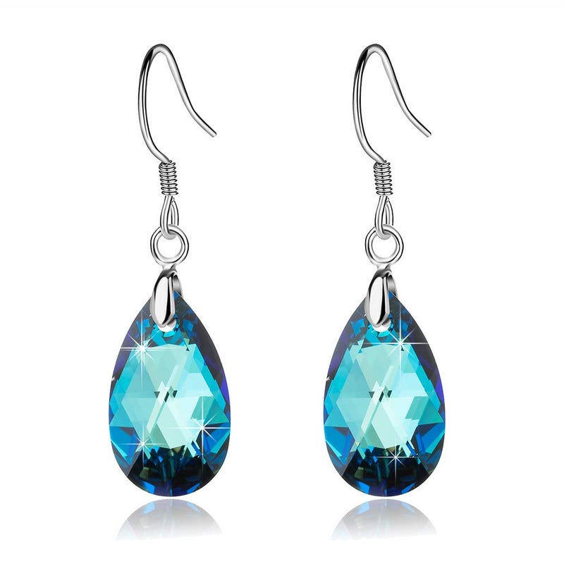 EVEVIC Austrian Crystal Teardrop Dangle Earrings for Women Drop Hook Earring 925 Sterling Silver Hypoallergenic Jewelry (Bermuda Blue) - Image 1